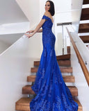 Royal Blue Lace Mermaid Prom Dress Long Off-the-Shoulder