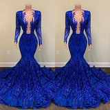 Royal Blue Long Sleeevs Prom Dress Mermaid Sequins Party Gowns
