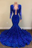 Royal Blue Long Sleeevs Prom Dress Mermaid Sequins Party Gowns