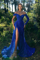 Royal Blue Long Sleeves Prom Dress Sequins Split Mermaid Party Dress