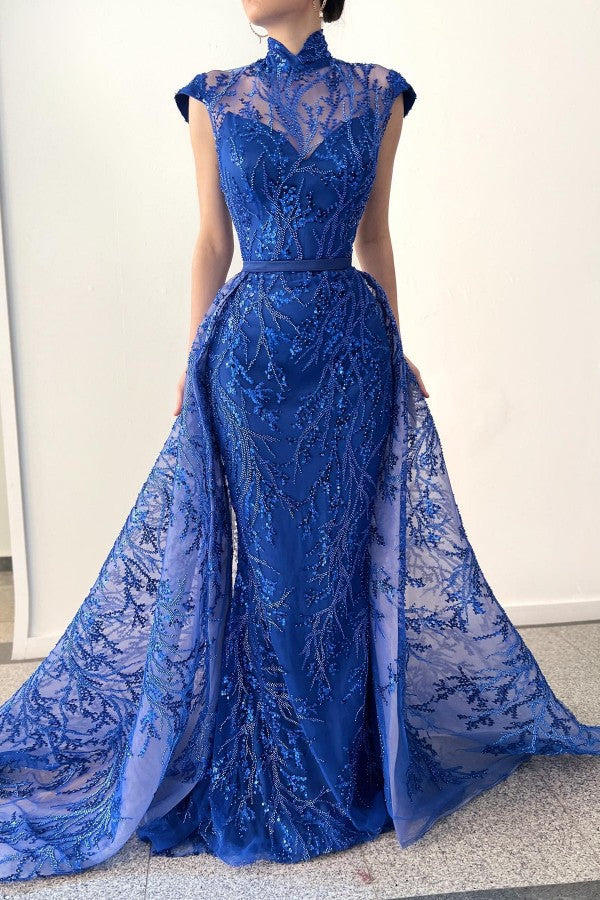 Royal Blue Mermaid Evening Dress Lace With Overskirt