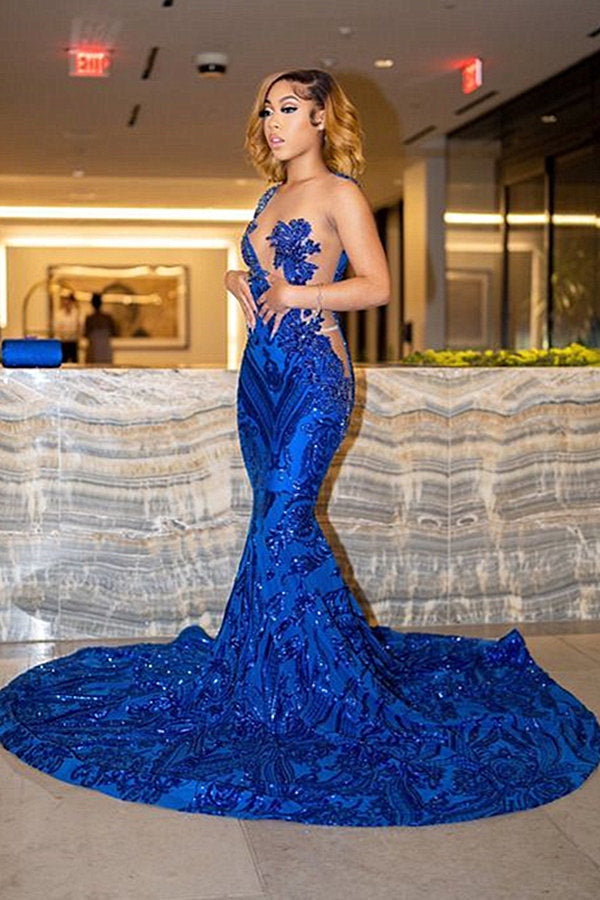 Royal Blue Prom Dress Mermaid Sequins Sleeveless