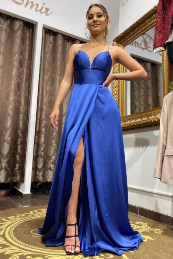 Royal Blue Spaghetti-Straps Prom Dress Long With Slit