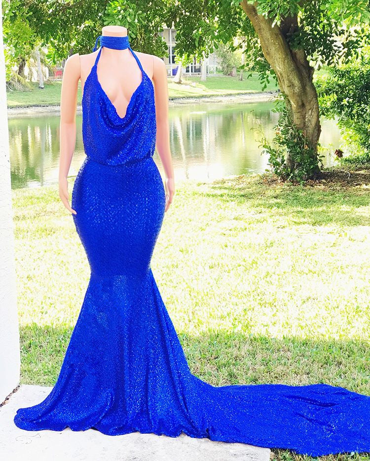 Royal Blue V-Neck Mermaid Prom Dress Sequins Sleeveless Evening Gown Newinlook Royal Blue V-Neck Mermaid Prom Dress Sequins Sleeveless Evening Gown Newinlook