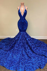 Royal Blue V-Neck Prom Dress Mermaid Sleeveless With Sequins