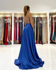 Royal Blue V-Neck Prom Dress Split Long With Spaghetti-Straps
