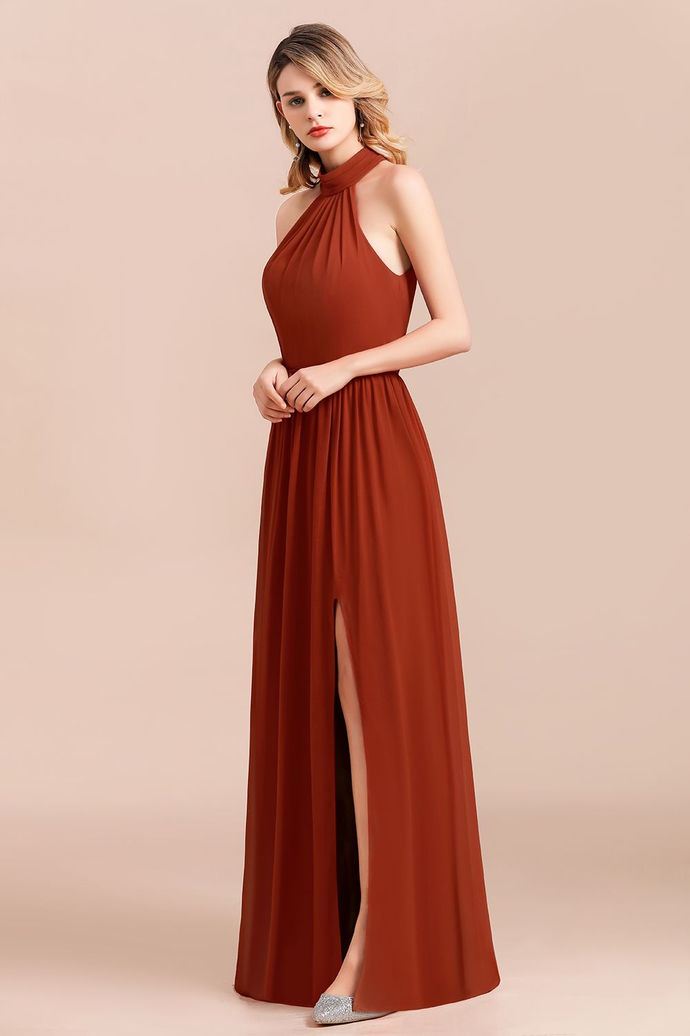 Rust Halter Long Bridesmaid Dresses Online With Front Split