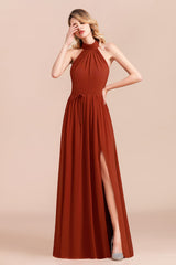 Rust Halter Long Bridesmaid Dresses Online With Front Split