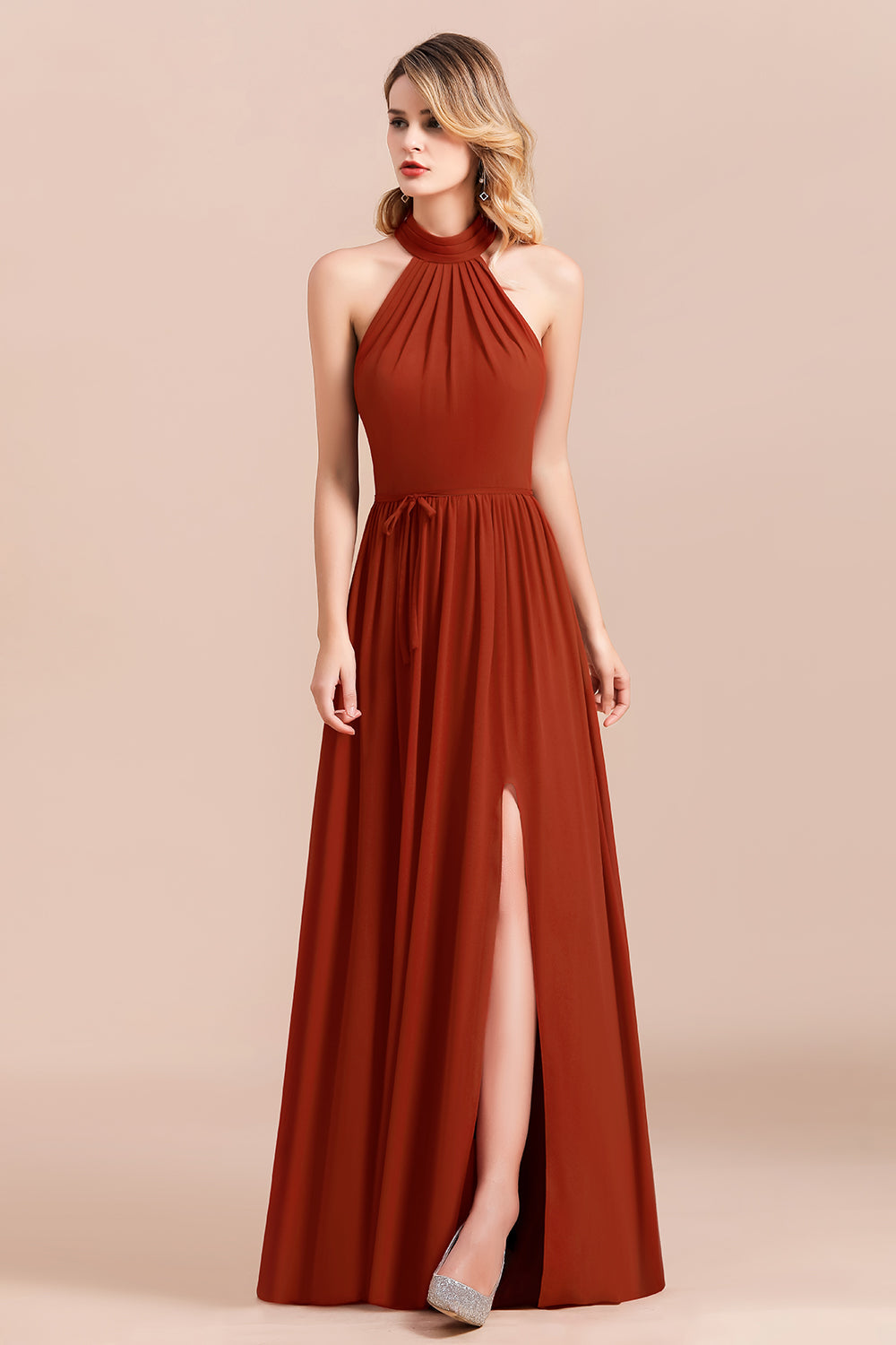 Rust Halter Long Bridesmaid Dresses Online With Front Split