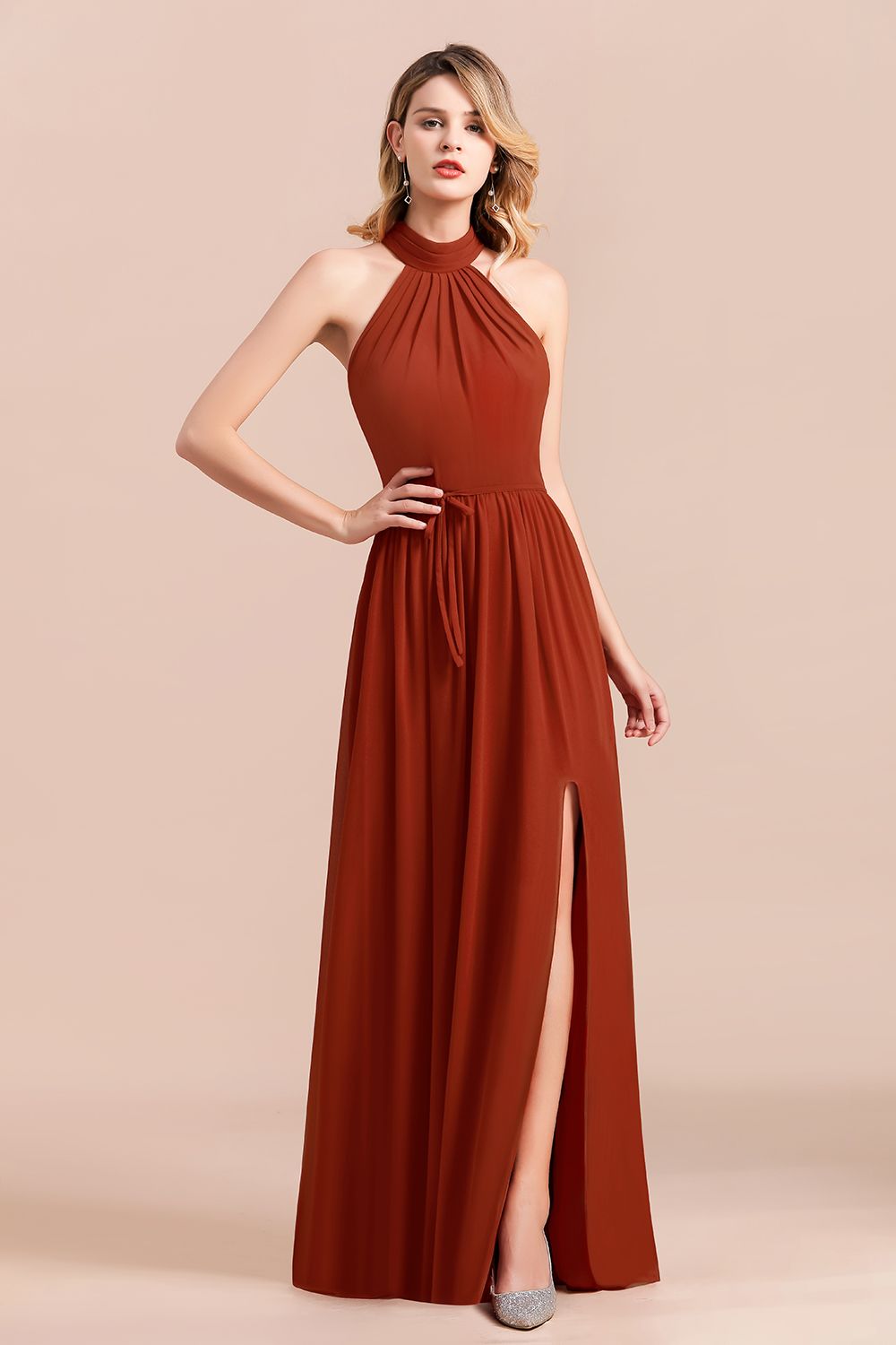 Rust Halter Long Bridesmaid Dresses Online With Front Split
