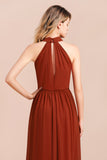 Rust Halter Long Bridesmaid Dresses Online With Front Split