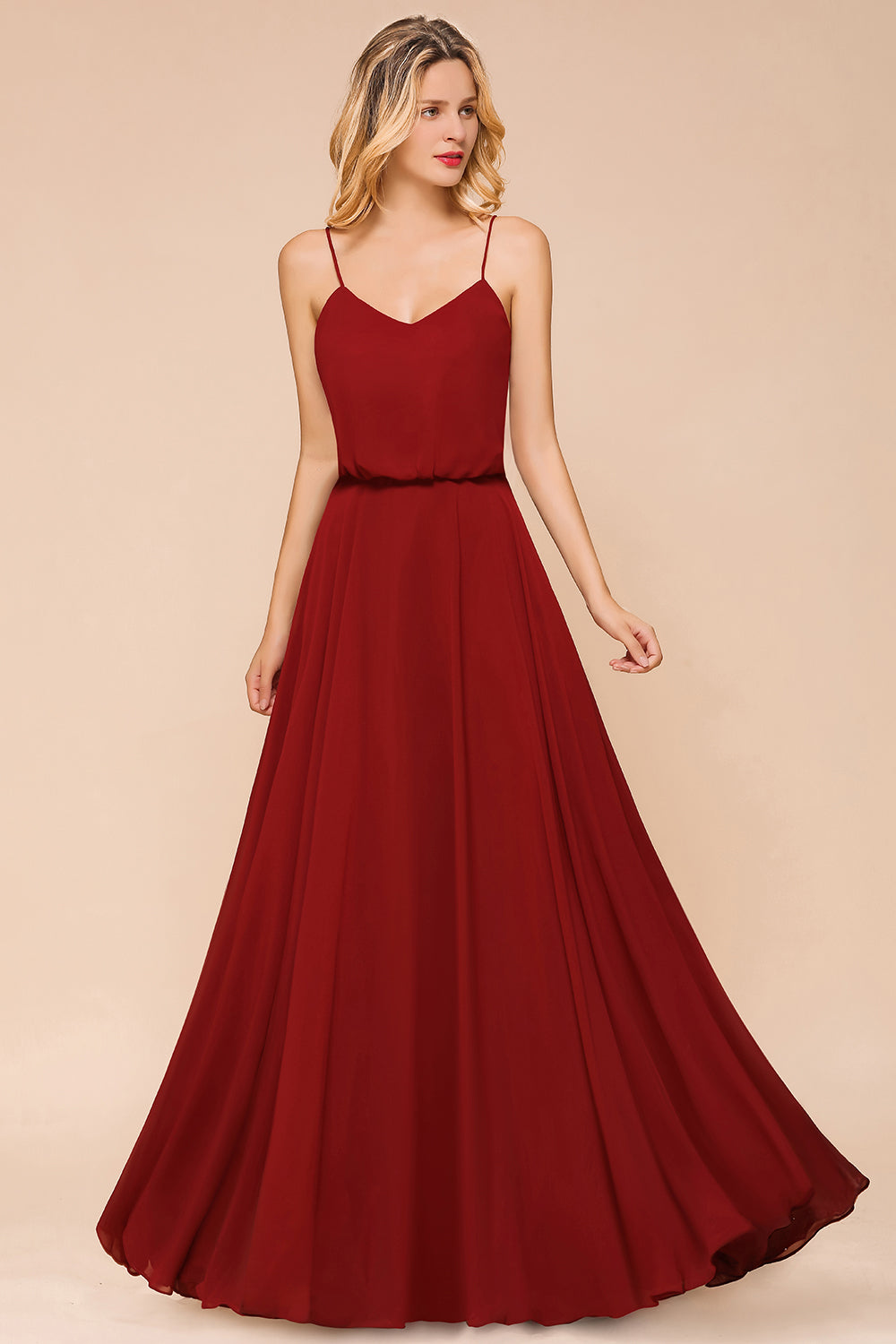 Rust Spaghetti-Starps Long Chiffon Bridesmaid Dresses Online