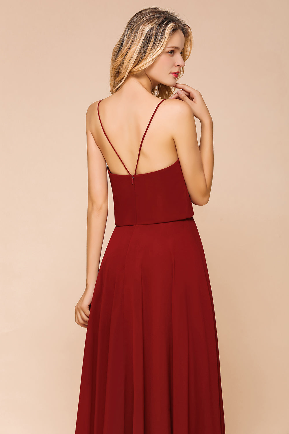 Rust Spaghetti-Starps Long Chiffon Bridesmaid Dresses Online