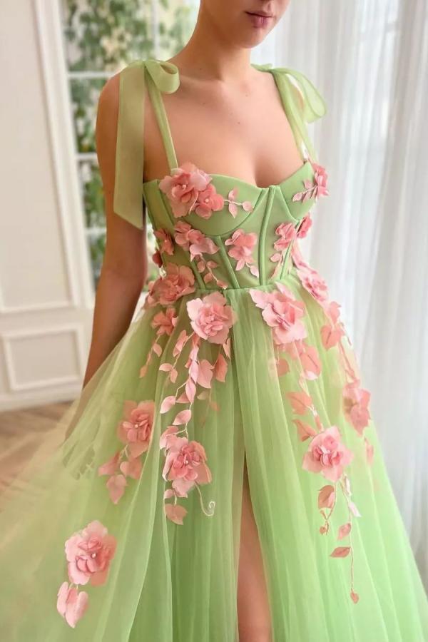 Sage Green Tulle Prom Dress Sleeveless With Flowers