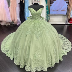 Sage Green Ball Gown with Off-Shoulder Lace Appliques & Sweep Train for Quinceanera or Sweet 16