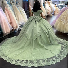 Sage Green Ball Gown with Off-Shoulder Lace Appliques & Sweep Train for Quinceanera or Sweet 16