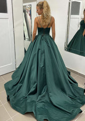 Satin Prom Dress/Evening Dress with Pleated Pockets - Ball Gown Sleeveless Scalloped Neck Sweep Train