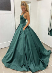 Satin Prom Dress/Evening Dress with Pleated Pockets - Ball Gown Sleeveless Scalloped Neck Sweep Train