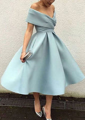 Satin Tea-Length Homecoming Dress With Pleated Ball Gown Off-the-Shoulder Sleeveless