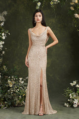 Sequins Mermaid Bridesmaid Dress Split With Drop Back