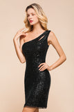 Sexy Black Sequins Short Prom Dress One Shoulder Homecoming Dress
