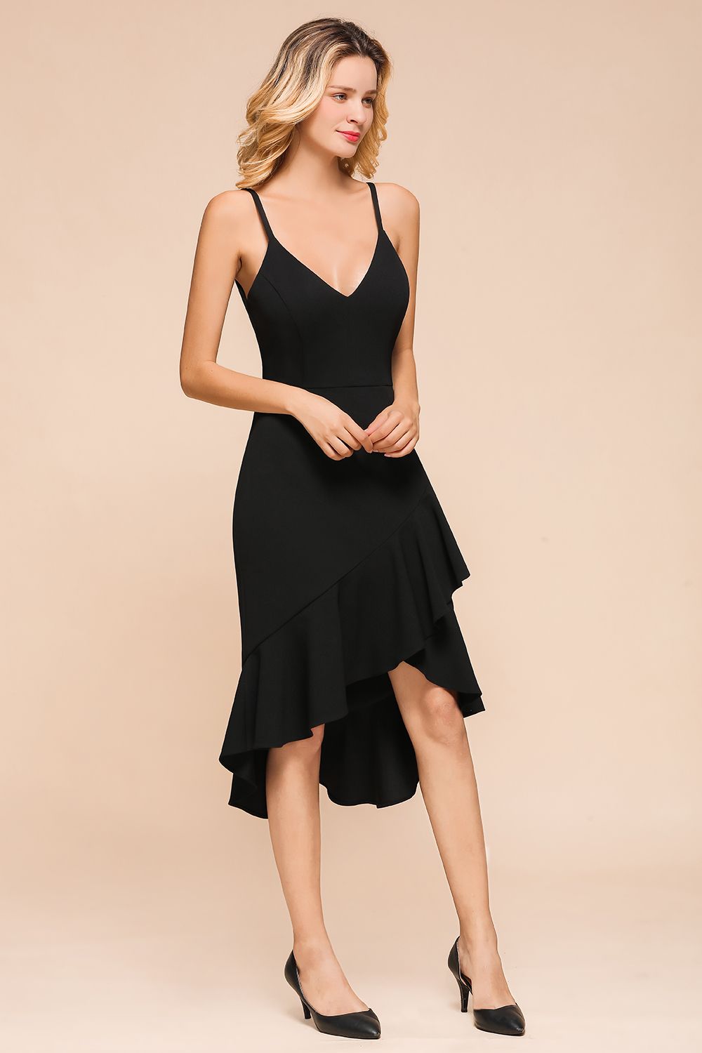 Sexy Black Spaghetti-Strap Short Prom Dress Mermaid Ruffles Homecoming Dress