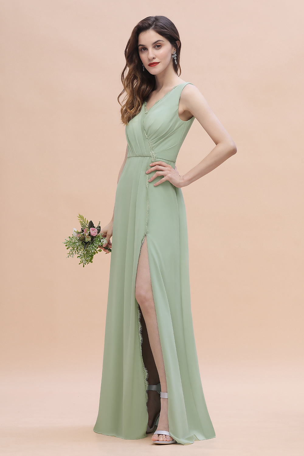 Sexy Chiffon Ruffles Dusty Sage Bridesmaid Dresses with Lace Edge On S – Newinlook Sexy Chiffon Ruffles Dusty Sage Bridesmaid Dresses with Lace Edge On S – Newinlook