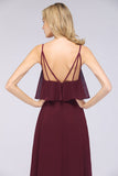 Sexy Chiffon V-Neck Burgundy Chiffon Bridesmaid Dresses with Spaghetti Straps