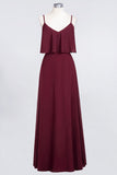 Sexy Chiffon V-Neck Burgundy Chiffon Bridesmaid Dresses with Spaghetti Straps
