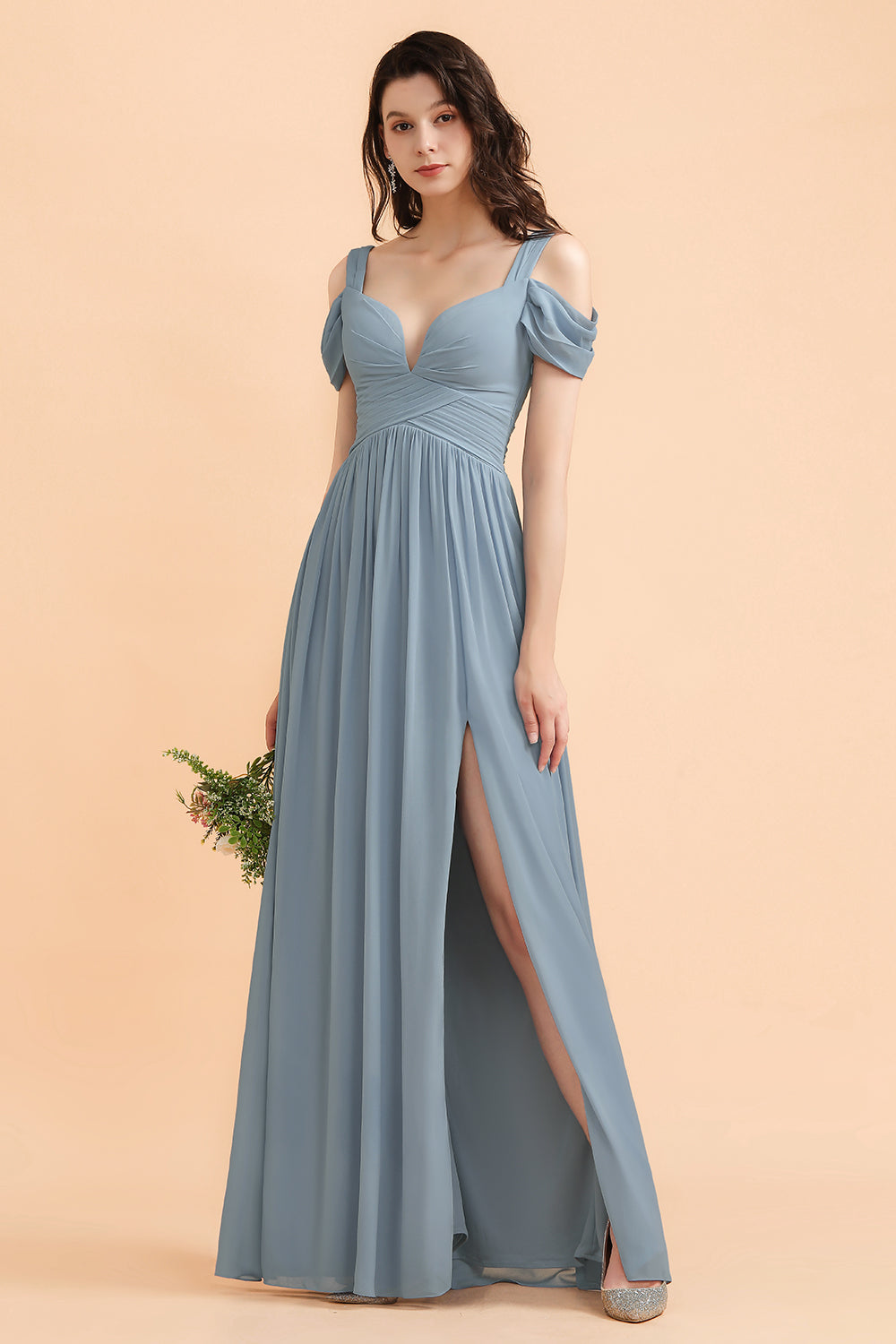 dusty blue off the shoulder bridesmaid dress Dusty Blue Boho Bridesmaid Dresses With Sleeves Lisposa