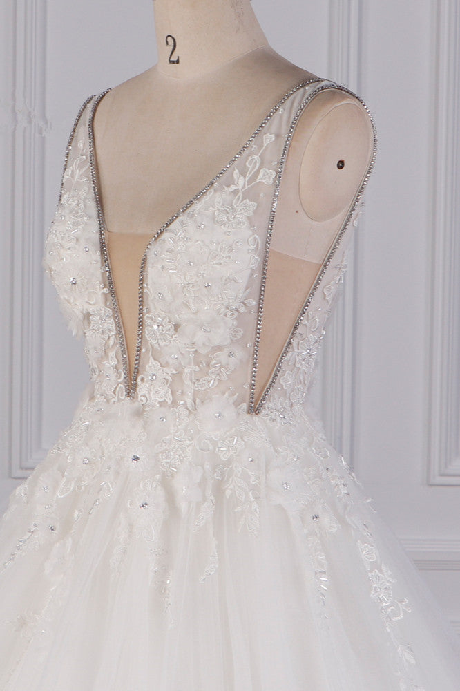 Sexy Deep-V-Neck Ball Gown Wedding Dress Sleeveless Appliques Beadings Bridal Gowns On Sale