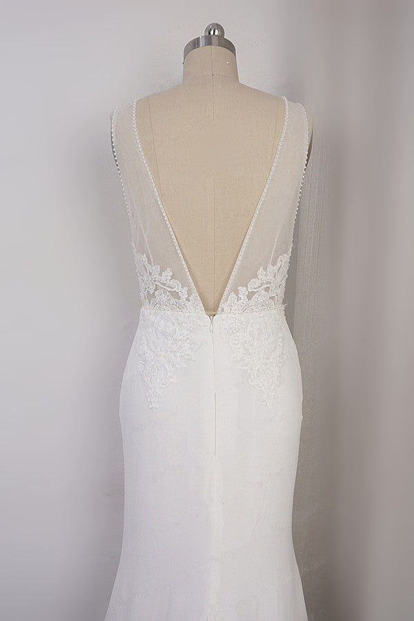 Sexy Deep-V-Neck Chiffon Sheath Wedding Dress Lace Appliques Sleeveless Pearls Bridal Gowns Online