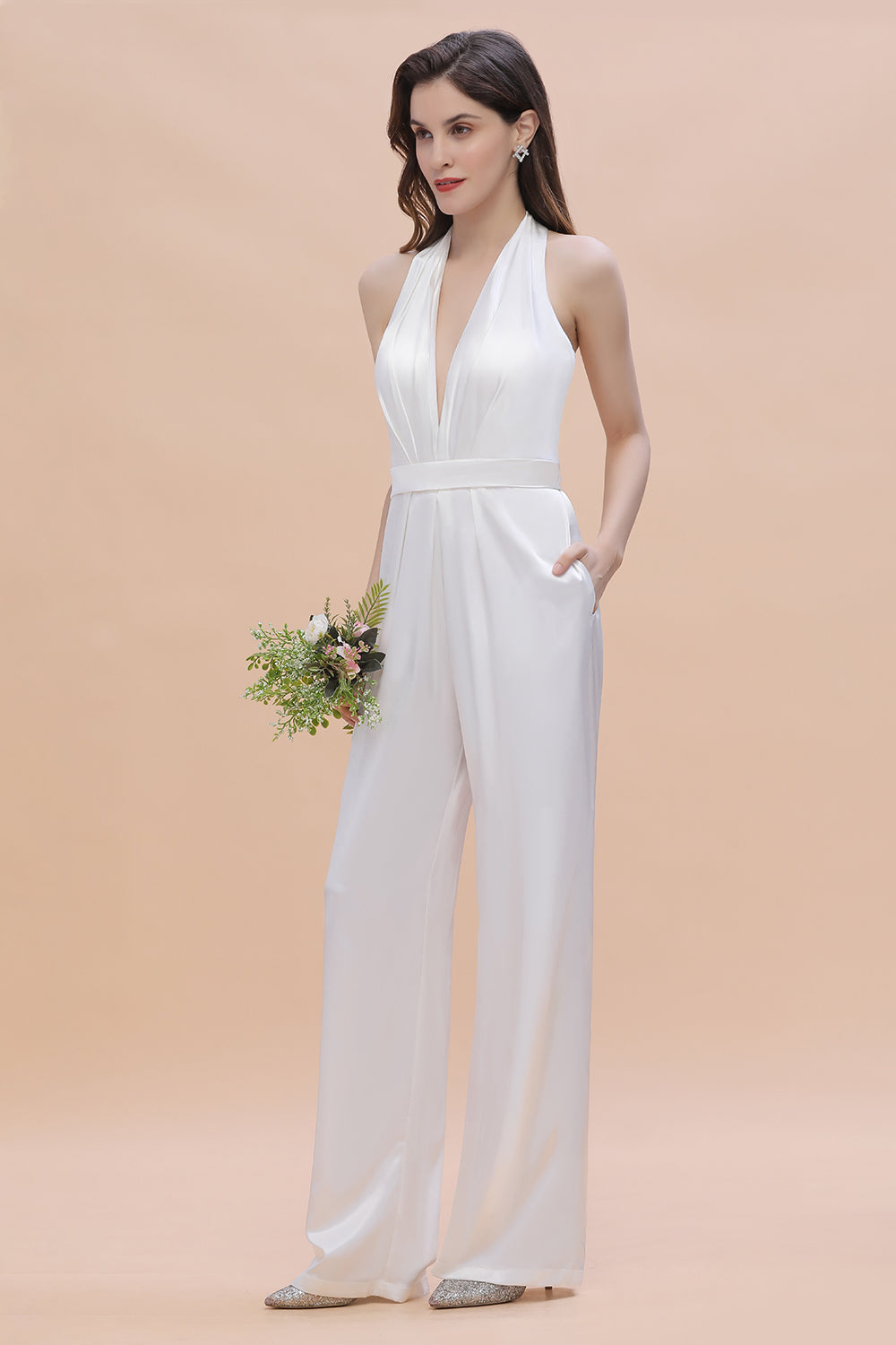 Sexy Deep-V-Neck Halter Backless Charmeuse Bridesmaid Jumpsuit Newinlook Sexy Deep-V-Neck Halter Backless Charmeuse Bridesmaid Jumpsuit Newinlook