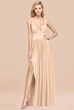 Sexy Deep V-Neck Sleeveless Bridesmaid Dress Burgundy Chiffon Wedding Party Dress