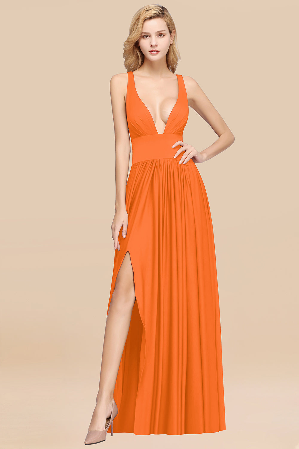 Sexy Deep V-Neck Sleeveless Bridesmaid Dress Burgundy Chiffon Wedding Party Dress