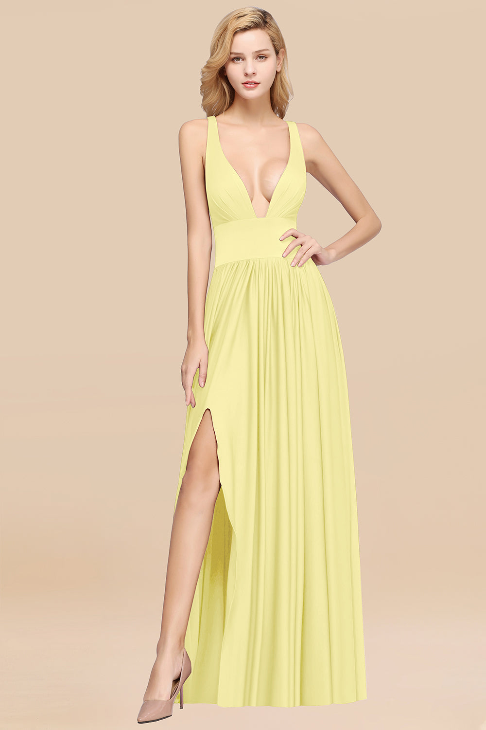 Sexy Deep V-Neck Sleeveless Bridesmaid Dress Burgundy Chiffon Wedding Party Dress