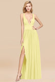 Sexy Deep V-Neck Sleeveless Bridesmaid Dress Burgundy Chiffon Wedding Party Dress