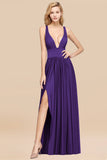 Sexy Deep V-Neck Sleeveless Bridesmaid Dress Burgundy Chiffon Wedding Party Dress