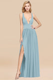 Sexy Deep V-Neck Sleeveless Bridesmaid Dress Burgundy Chiffon Wedding Party Dress
