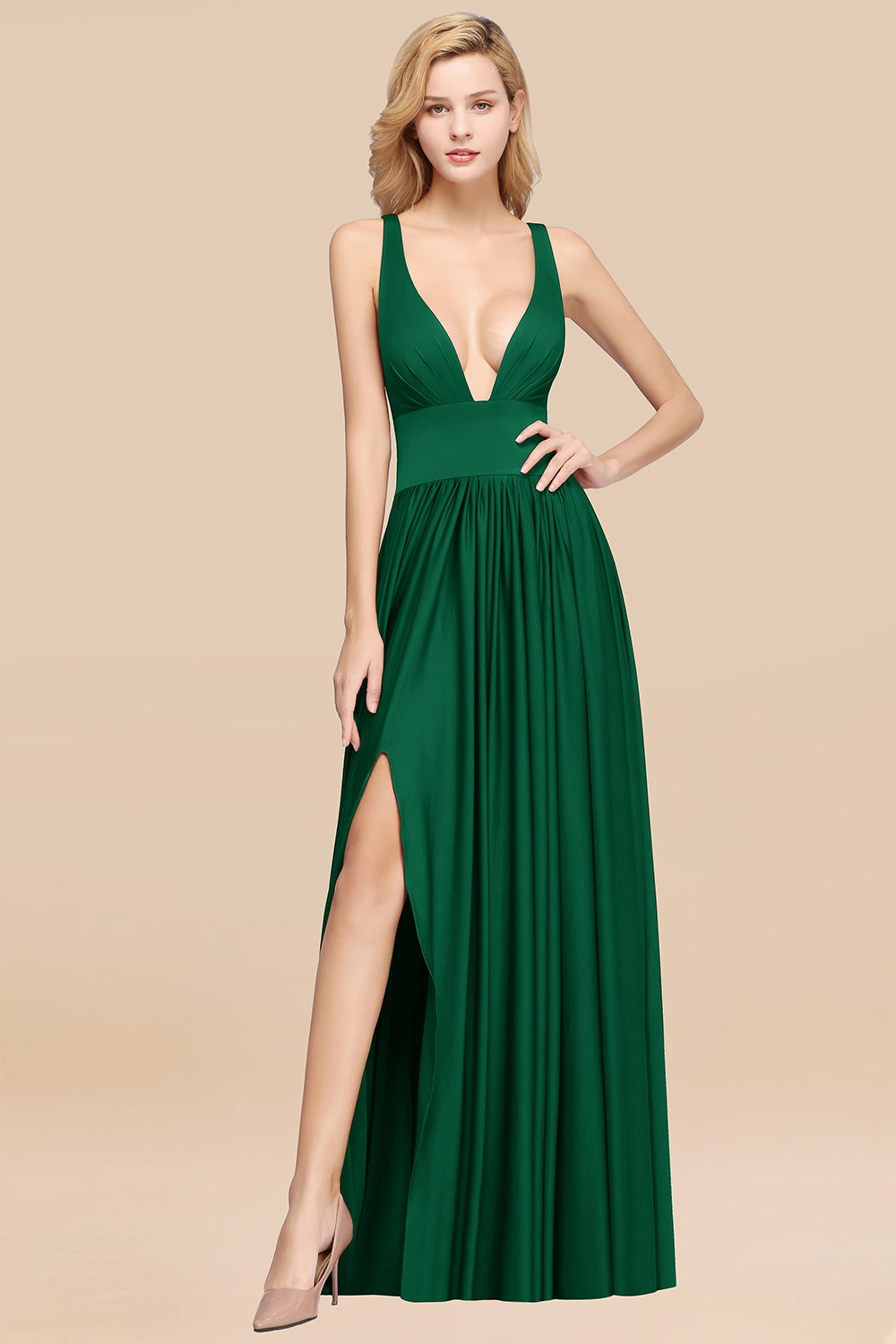 Sexy Deep V-Neck Sleeveless Bridesmaid Dress Burgundy Chiffon Wedding Party Dress