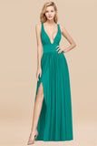 Sexy Deep V-Neck Sleeveless Bridesmaid Dress Burgundy Chiffon Wedding Party Dress