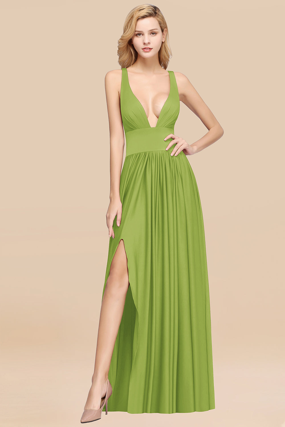 Sexy Deep V-Neck Sleeveless Bridesmaid Dress Burgundy Chiffon Wedding Party Dress