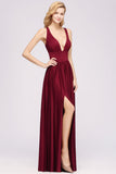 Sexy Deep V-Neck Sleeveless Bridesmaid Dress Burgundy Chiffon Wedding Party Dress