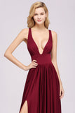 Sexy Deep V-Neck Sleeveless Bridesmaid Dress Burgundy Chiffon Wedding Party Dress