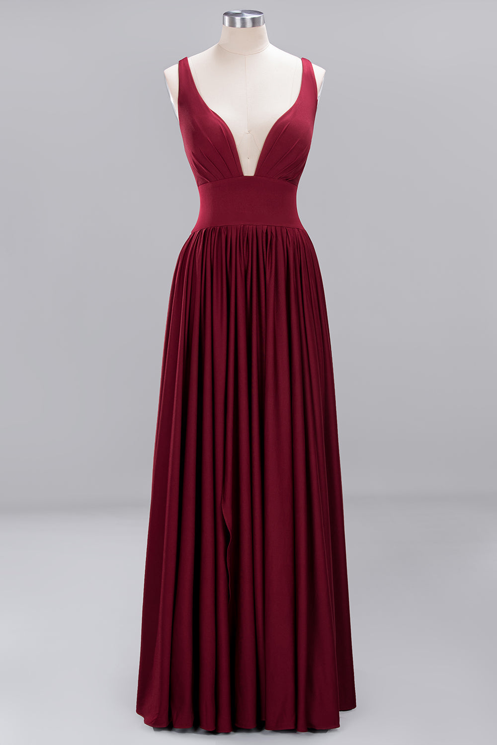 Sexy Deep V-Neck Sleeveless Bridesmaid Dress Burgundy Chiffon Wedding Party Dress