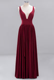 Sexy Deep V-Neck Sleeveless Bridesmaid Dress Burgundy Chiffon Wedding Party Dress