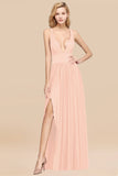 Sexy Deep V-Neck Sleeveless Bridesmaid Dress Burgundy Chiffon Wedding Party Dress