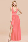 Sexy Deep V-Neck Sleeveless Bridesmaid Dress Burgundy Chiffon Wedding Party Dress