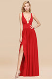 Sexy Deep V-Neck Sleeveless Bridesmaid Dress Burgundy Chiffon Wedding Party Dress