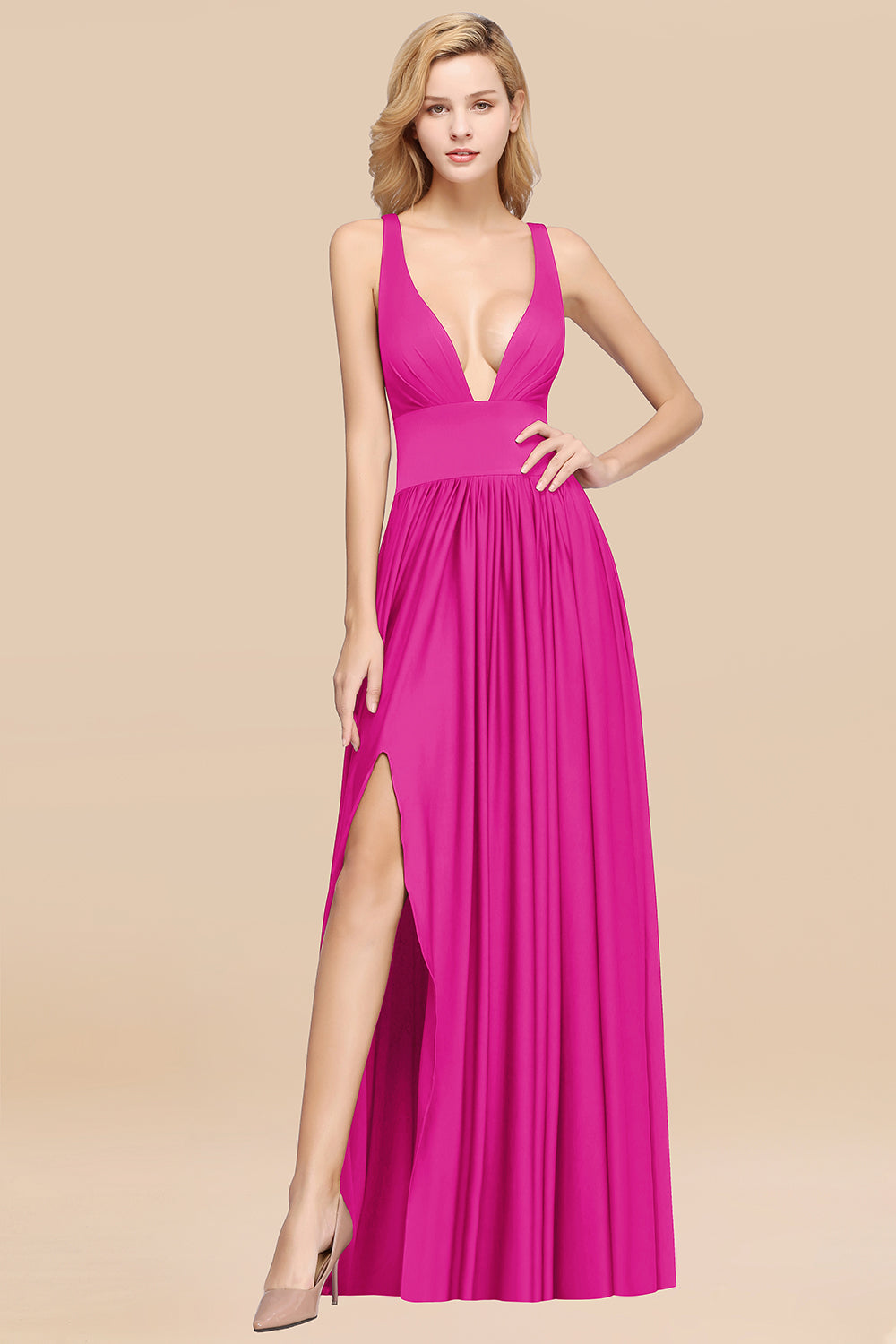Sexy Deep V-Neck Sleeveless Bridesmaid Dress Burgundy Chiffon Wedding Party Dress